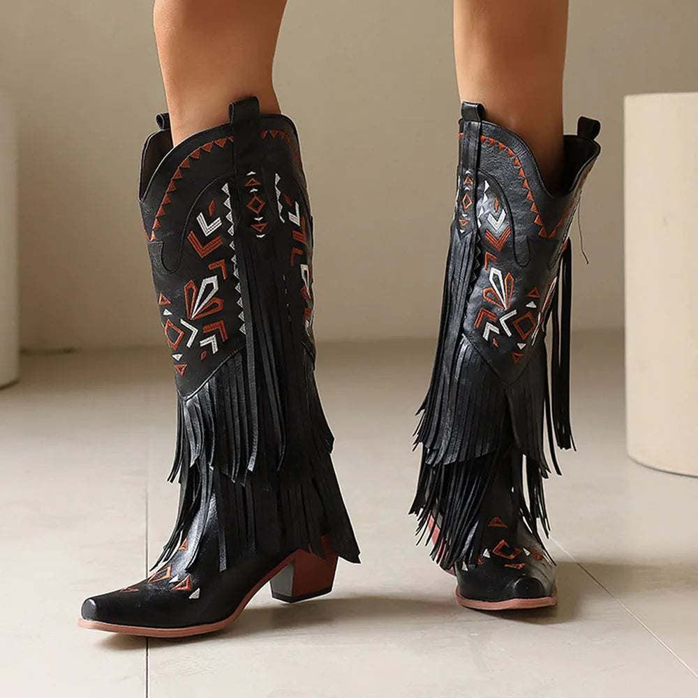 Retro Tassel Embroidered Cowgirl Mid-Calf Women Western Boots Pointed Toe Chunky High Heel