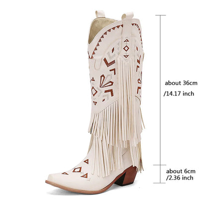 Retro Tassel Embroidered Cowgirl Mid-Calf Women Western Boots Pointed Toe Chunky High Heel