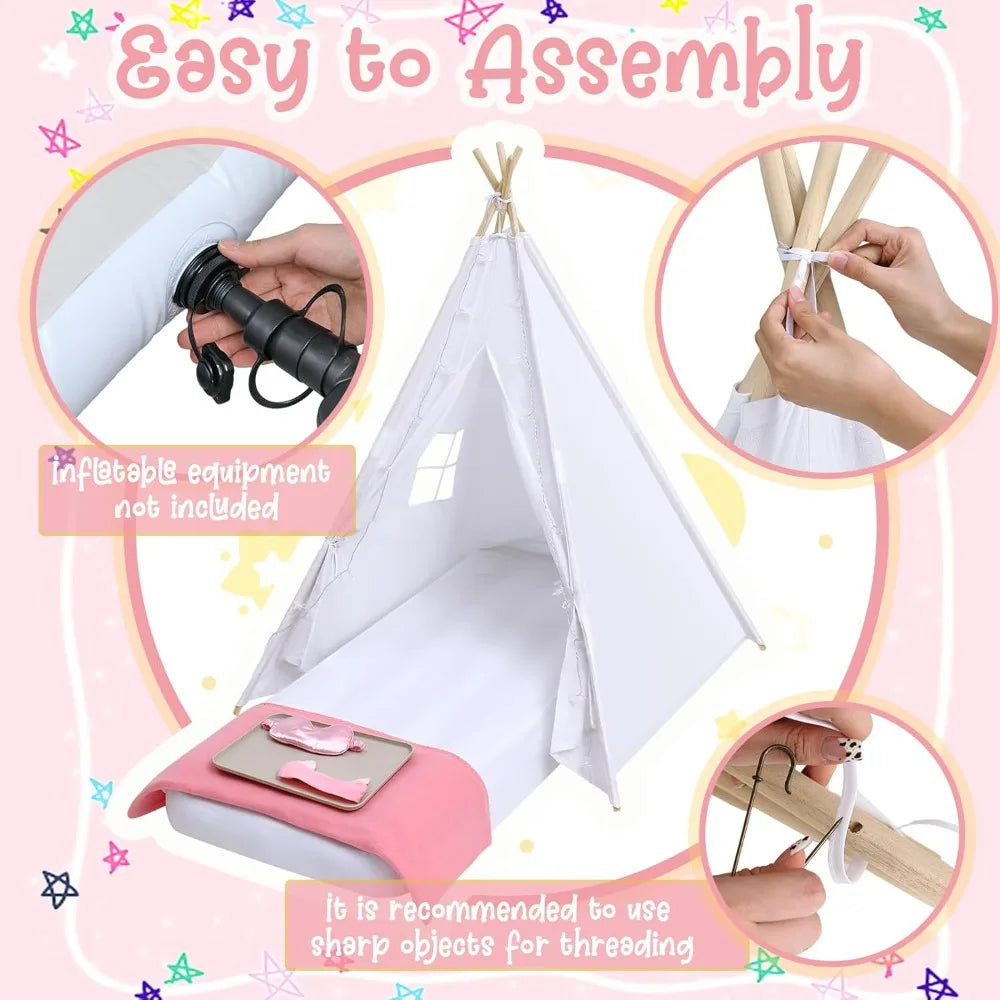 4 Pack Kids Teepee Tent Bulk with Light and Inflatable Airbed, Natural Cotton  Washable