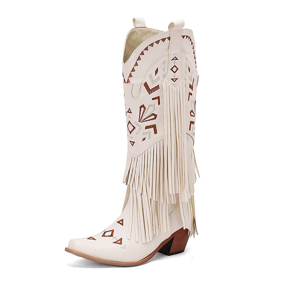 Retro Tassel Embroidered Cowgirl Mid-Calf Women Western Boots Pointed Toe Chunky High Heel