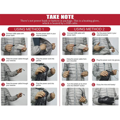 Leather Electric Heating Gloves Waterproof  Touchscreen Hand Warmer for Hiking Skiing Fishing