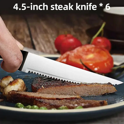 Full 15pcs Chef Knife Set Stainless Steel  with Scissors,Sharpening Rod,Solid Wood Holder Cooking Tool