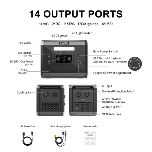 Portable Power Station Battery with 2400W (4800W Peak) AC Output Solar Generator