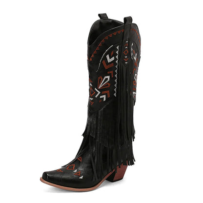Retro Tassel Embroidered Cowgirl Mid-Calf Women Western Boots Pointed Toe Chunky High Heel