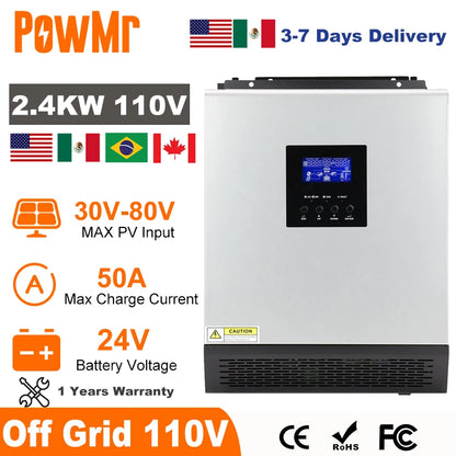 2400W Hybrid Solar Inverter 24V 110V Off Grid with PWM 50A Solar Charge Controller