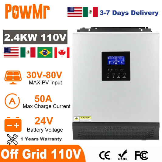 2400W Hybrid Solar Inverter 24V 110V Off Grid with PWM 50A Solar Charge Controller