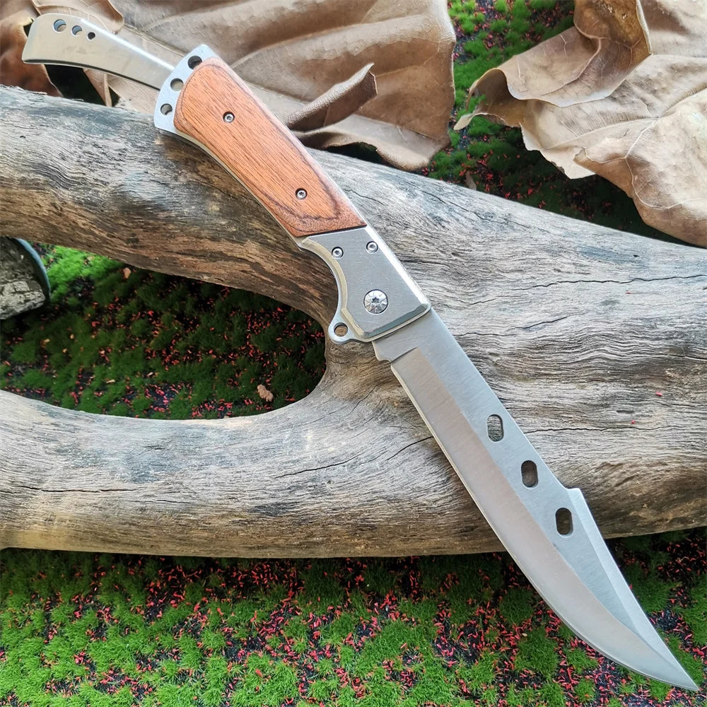Compact 8CR15MOV Folding Knife with Wood Handle: Outdoor Survival Knife for Hunting, Camping & Everyday Carry (EDC)