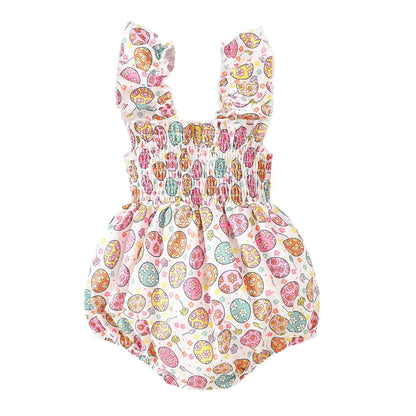 Infant Girls Romper Floral Ruffle Sleeve Pleated Smocked Bubble 1Piece