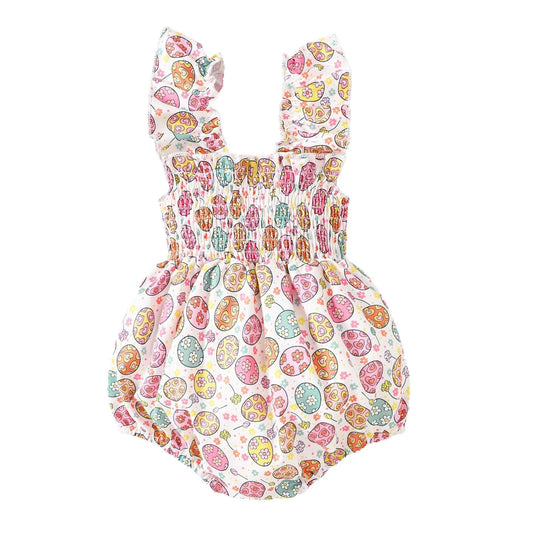 Infant Girls Romper Floral Ruffle Sleeve Pleated Smocked Bubble 1Piece