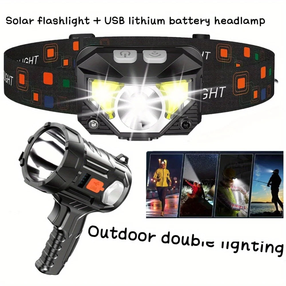 Solar/USB Rechargeable LED Flashlight - 3-in-1 Headlamp, Searchlight | Portable Outdoor Light for Hunting, Camping, Hiking