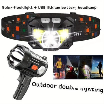 Solar/USB Rechargeable LED Flashlight - 3-in-1 Headlamp, Searchlight | Portable Outdoor Light for Hunting, Camping, Hiking