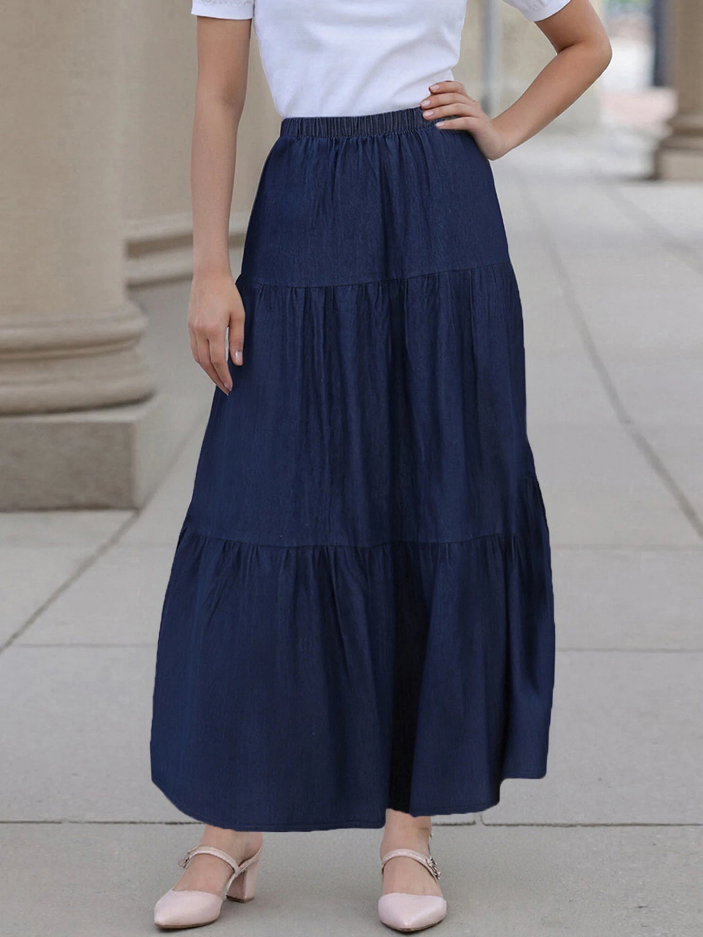 Ladies Denim Skirts with Elastic Waistband in Solid Color Long Length Summer Fashion Casual Jeans Skirt for Streetwear Style