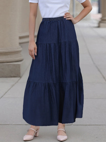 Ladies Denim Skirts with Elastic Waistband in Solid Color Long Length Summer Fashion Casual Jeans Skirt for Streetwear Style