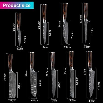 Kitchen Knives Set Laser Damascus Pattern Chef Knife Sharp Cleaver Slicing Utility Knives Tools