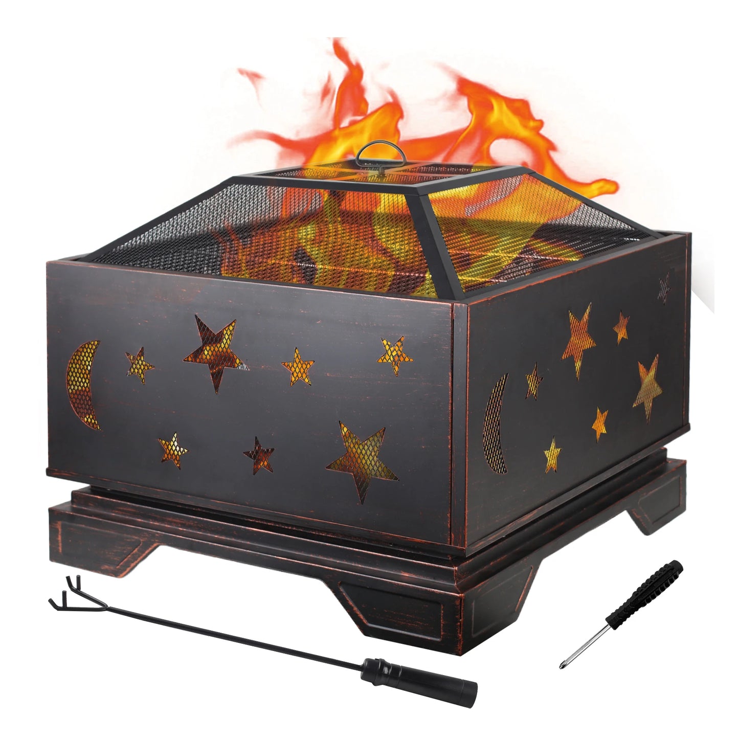 26 Inch Square Wood Burning Fire Pit with Cooking Grill for Outdoor BBQs