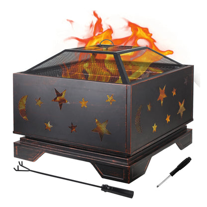 26 Inch Square Wood Burning Fire Pit with Cooking Grill for Outdoor BBQs