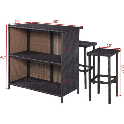 Outdoor Rattan 3-Piece Bar Set with Wicker Stools and Table Including 2 Storage Shelves.