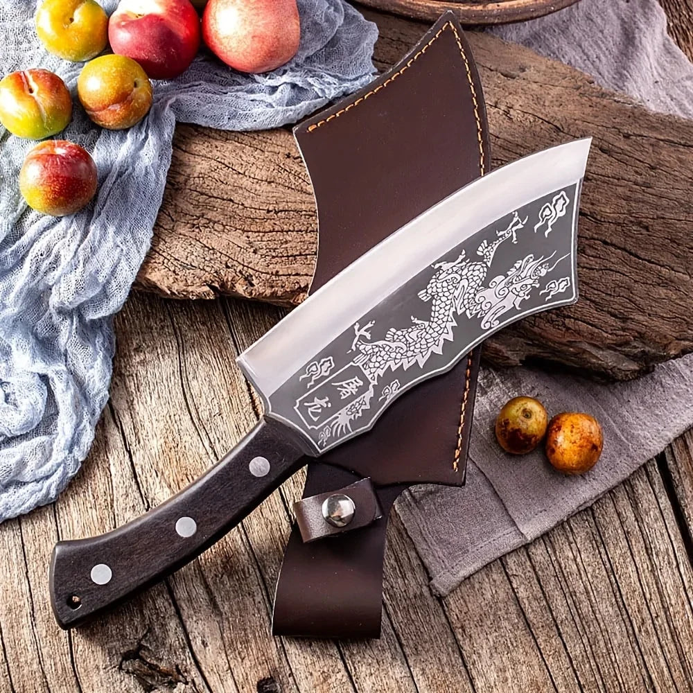 Hand forged stainless steel bone chopping knife with scabbard,