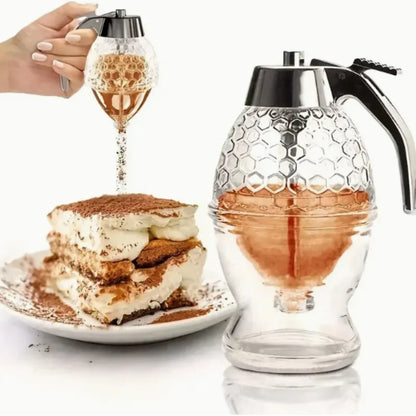 Leak-Proof Honey Dispenser with Rack for Syrup, Sauces, Seasonings - Durable, Easy to Clean, Multi-Purpose Plastic Design for Ki