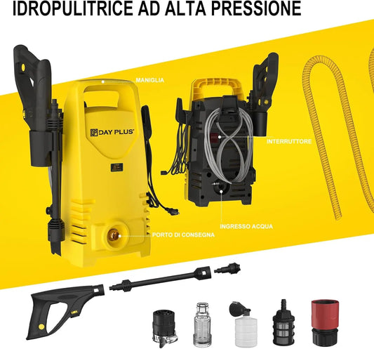 Electric High Pressure Washer 1600W,Adjustable Lance from 0 to 180°,7m Flexible Hose.