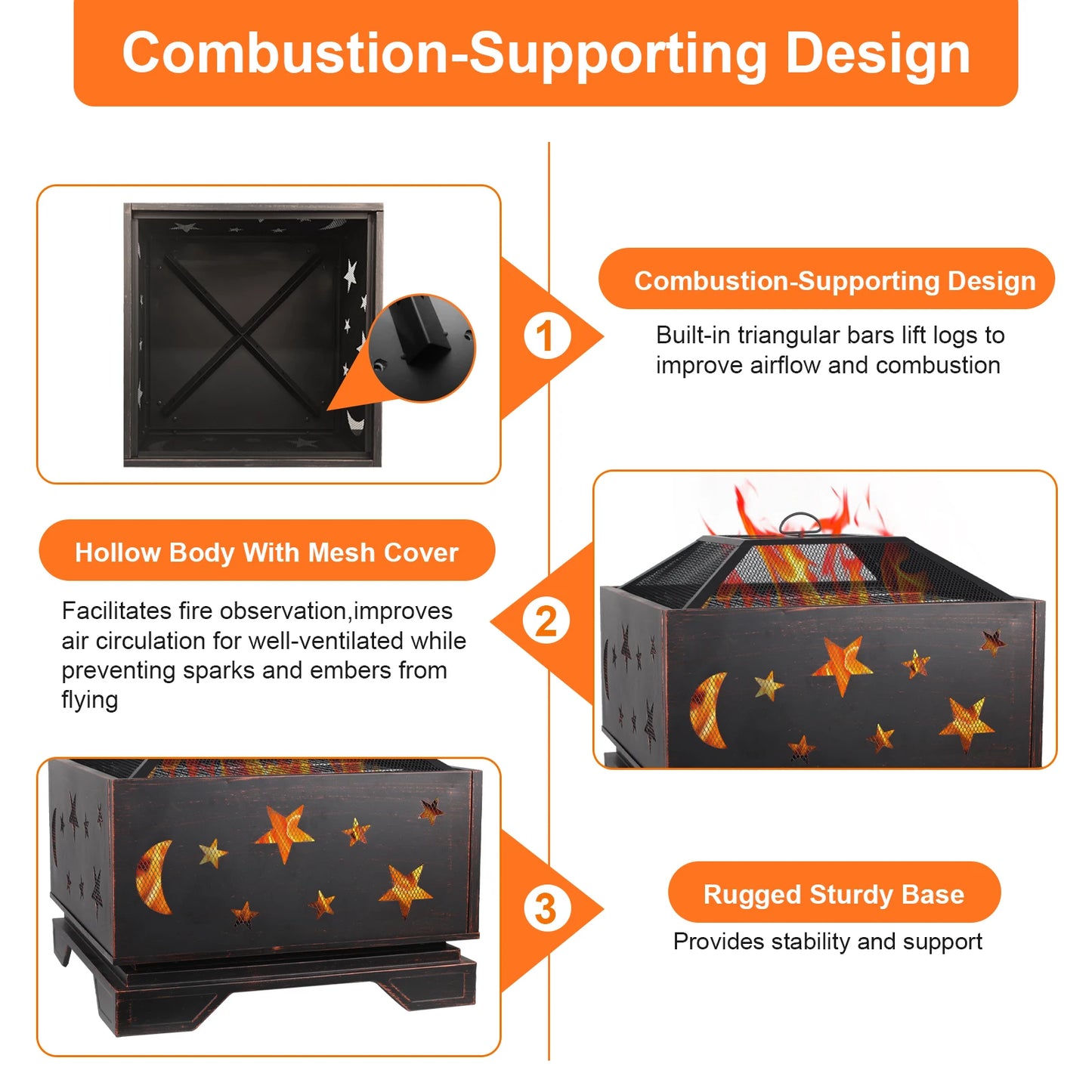 26 Inch Square Wood Burning Fire Pit with Cooking Grill for Outdoor BBQs