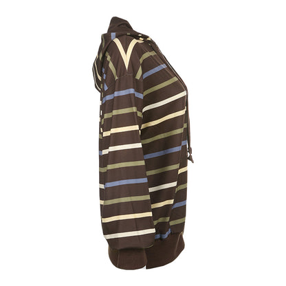 Women Zip Up Drawstring Hoodie Casual Striped Long Sleeve Sweatshirt Jacket