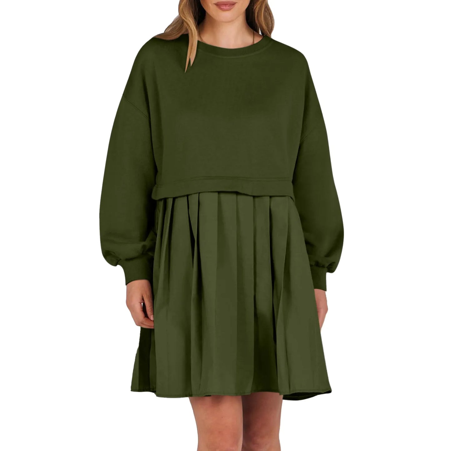Women Sweatshirt Dress Long Sleeve Crewneck Pullover Loose Fit Tops Pleated Sweatshirts Dresses