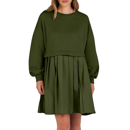 Women Sweatshirt Dress Long Sleeve Crewneck Pullover Loose Fit Tops Pleated Sweatshirts Dresses