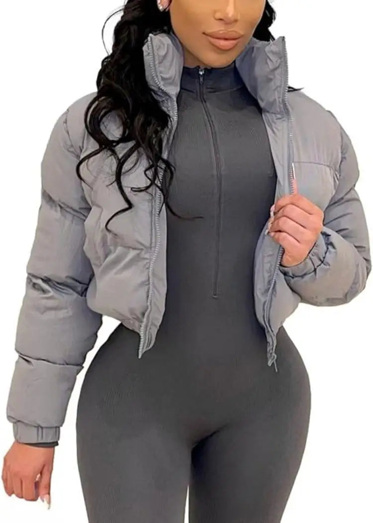 Puffer Jacket Womens Cropped Zip Casual Cotton Coat Padding Warm Jackets Winter Coats