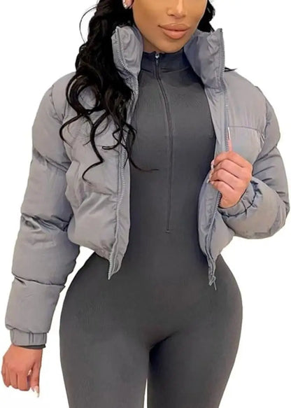 Puffer Jacket Womens Cropped Zip Casual Cotton Coat Padding Warm Jackets Winter Coats