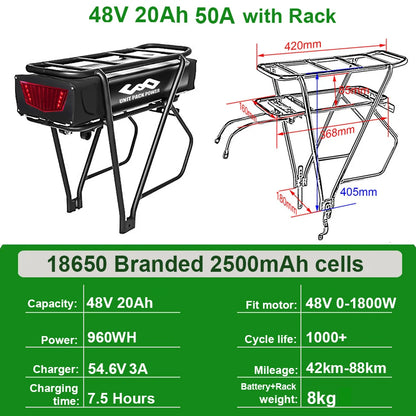 Rear Rack eBike Battery 52V 48V 27Ah 72V 20Ah with Rack no Rack Optional for 1500W 1000W 750W 500W 24"-28 inch