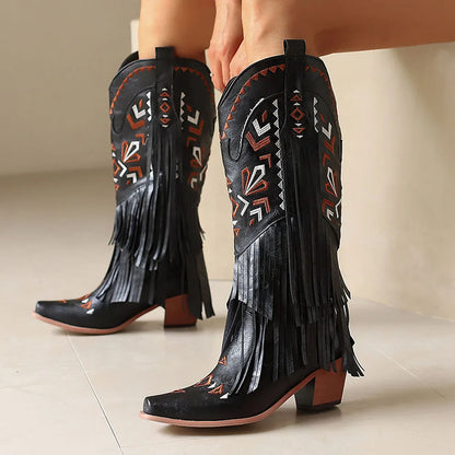 Retro Tassel Embroidered Cowgirl Mid-Calf Women Western Boots Pointed Toe Chunky High Heel