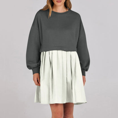 Women Sweatshirt Dress Long Sleeve Crewneck Pullover Loose Fit Tops Pleated Sweatshirts Dresses