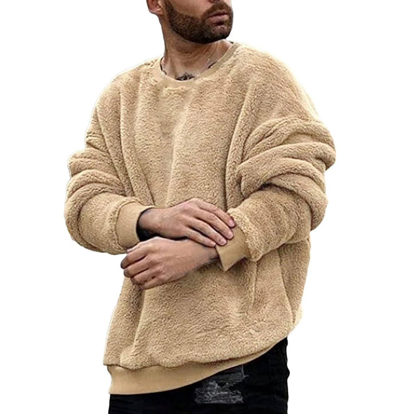 Men’s Sweatshirt Long Sleeve Crew Neck Furry Casual Pullover Hoodie Warm Streetwear