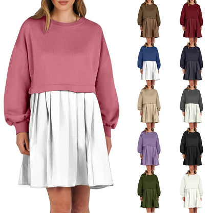 Women Sweatshirt Dress Long Sleeve Crewneck Pullover Loose Fit Tops Pleated Sweatshirts Dresses