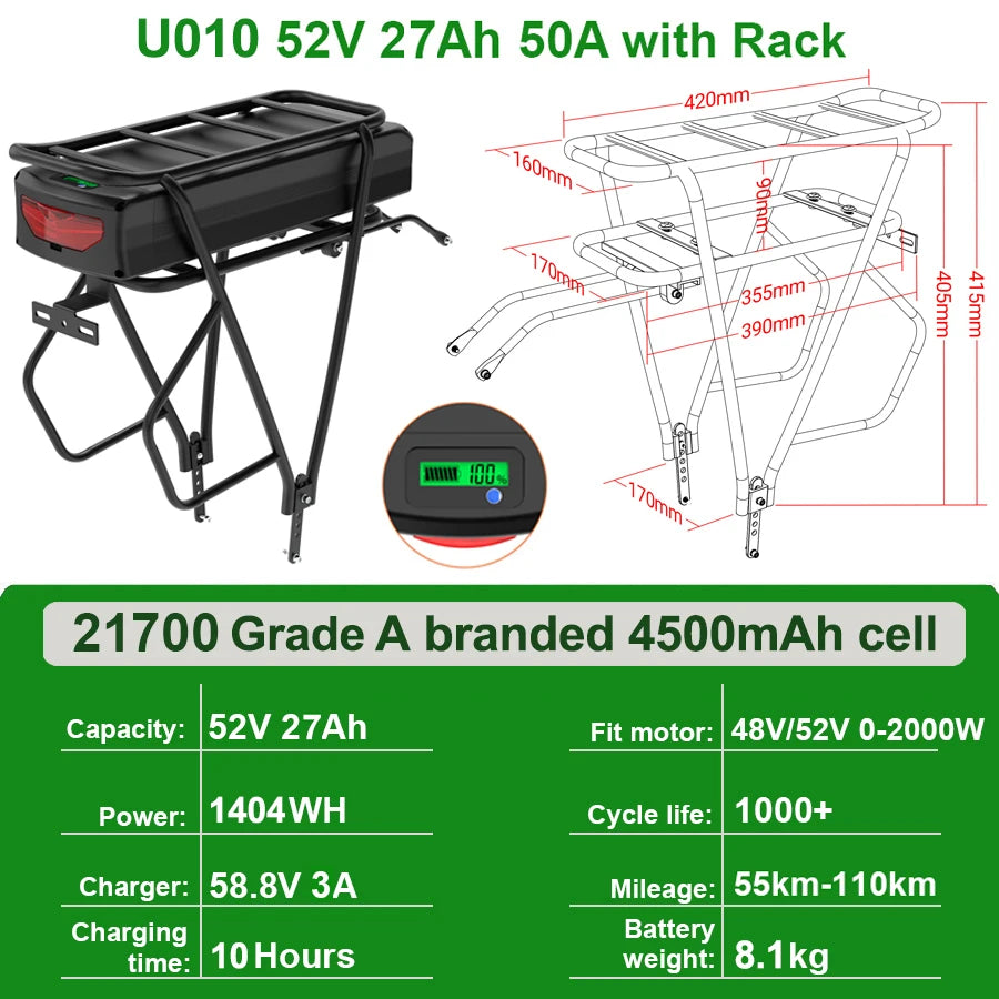 Rear Rack eBike Battery 52V 48V 27Ah 72V 20Ah with Rack no Rack Optional for 1500W 1000W 750W 500W 24"-28 inch