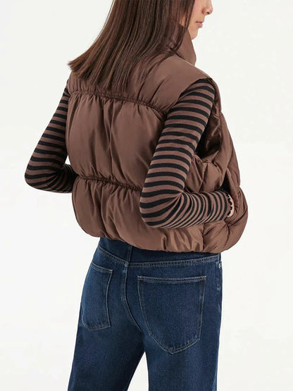 Women s Winter Quilted Waistcoat Solid Color Lightweight Zip Stand Collar Winter Vest Sleeveless Jacket
