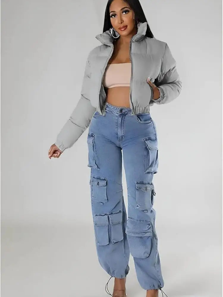 Puffer Jacket Womens Cropped Zip Casual Cotton Coat Padding Warm Jackets Winter Coats