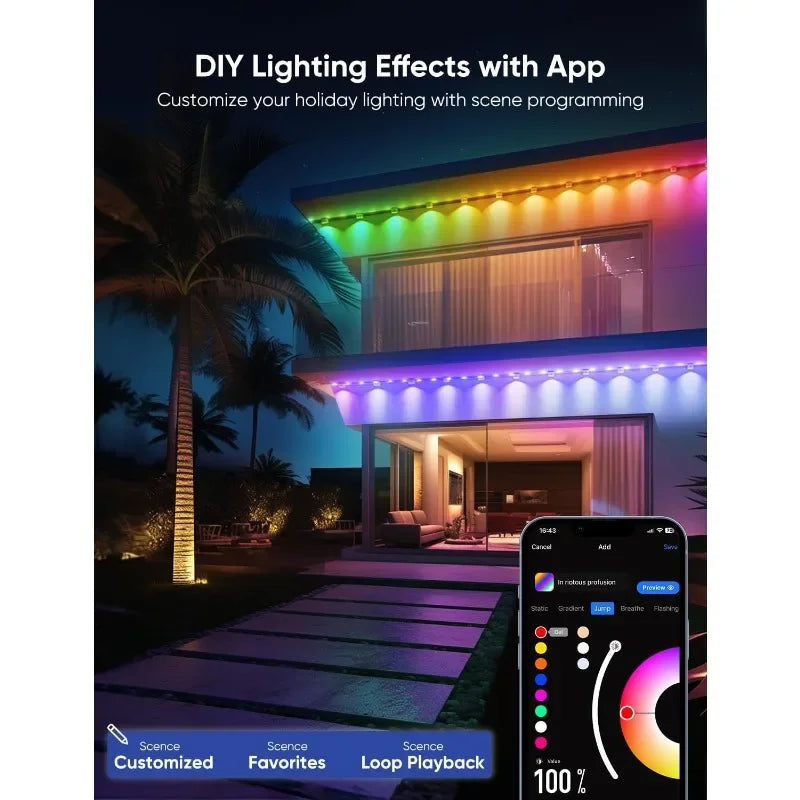 Outdoor Lights 200ft,Lights with 144 LED Lights, Dual Lens, Cuttable, 111 Scene Modes