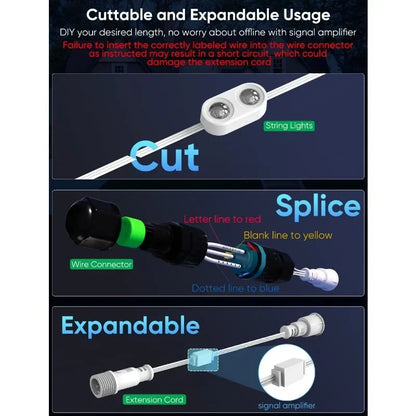 Outdoor Lights 200ft,Lights with 144 LED Lights, Dual Lens, Cuttable, 111 Scene Modes