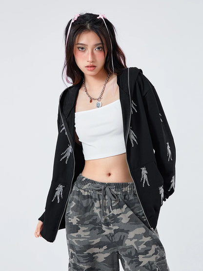 Women s Hoodie Coat Rhinestone Print Long Sleeve Zipper Sweatshirt