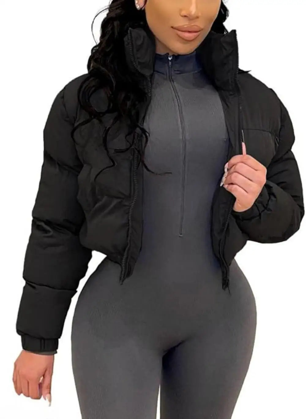 Puffer Jacket Womens Cropped Zip Casual Cotton Coat Padding Warm Jackets Winter Coats