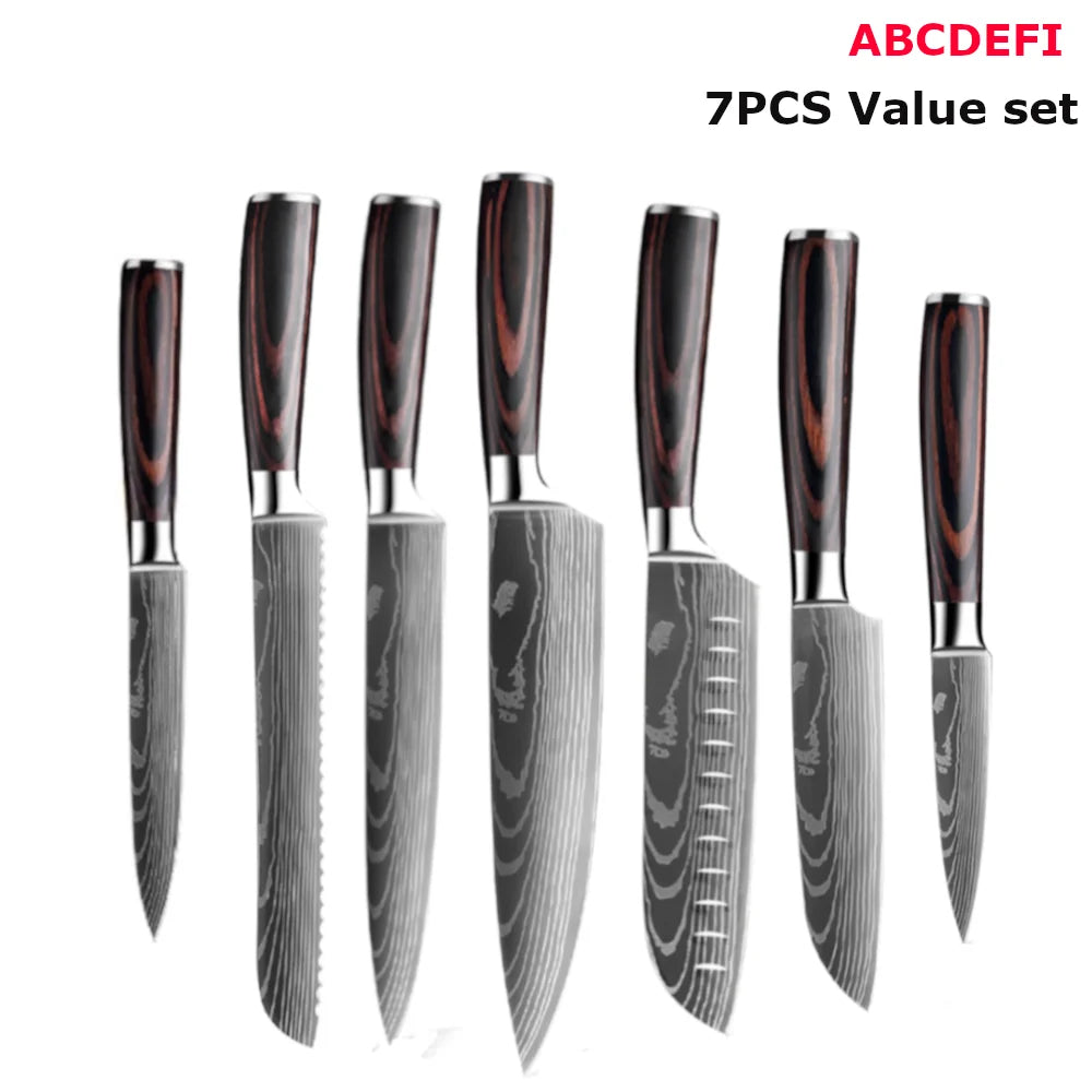 Kitchen Knives Set Laser Damascus Pattern Chef Knife Sharp Cleaver Slicing Utility Knives Tools