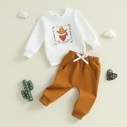 Toddler Cowboy Style Outfit Set with Printed Hat Long Sleeve Sweatshirt and Elastic Pants for Baby Boys - 2 Piece Western