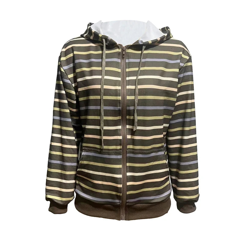 Women Zip Up Drawstring Hoodie Casual Striped Long Sleeve Sweatshirt Jacket