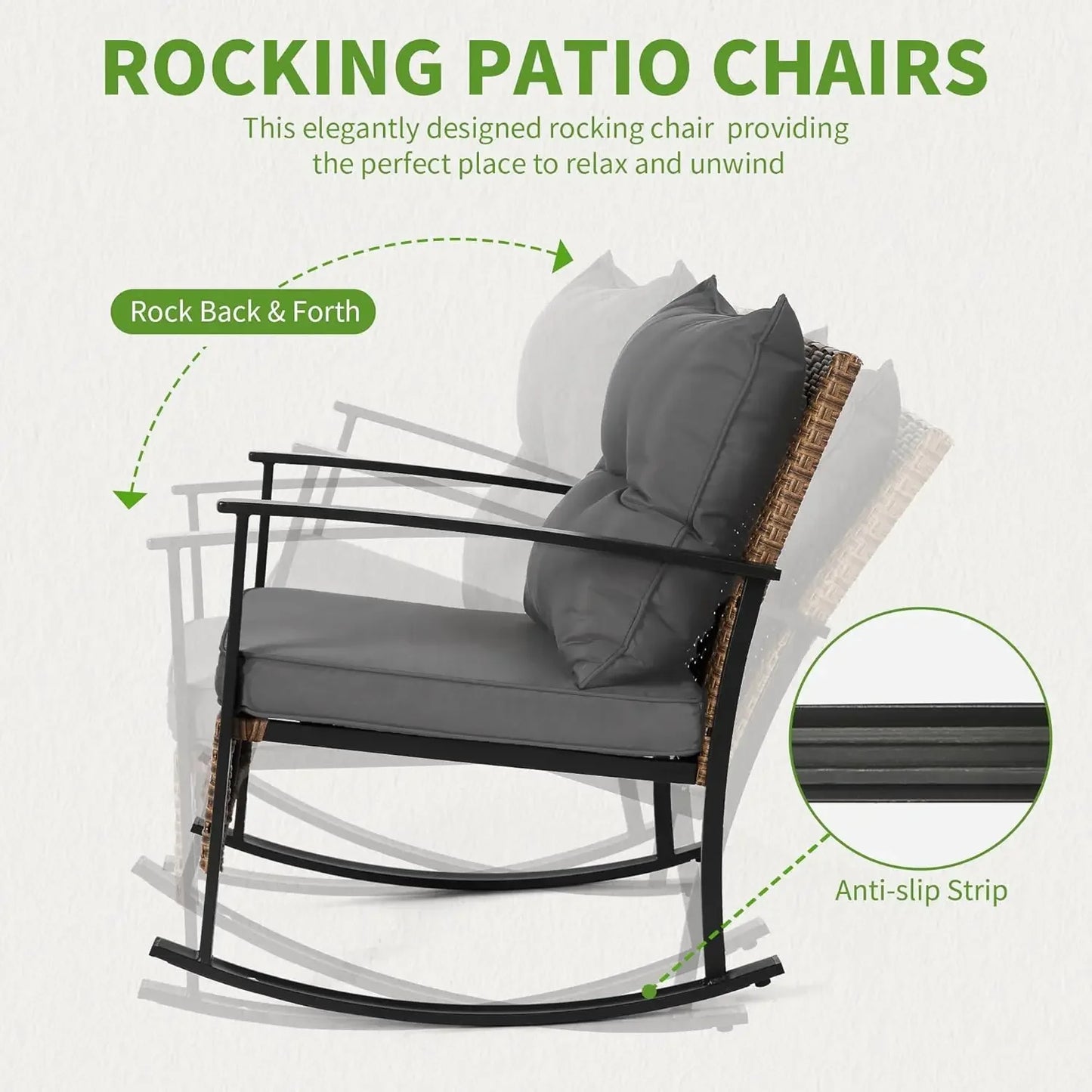 Outdoor Rocking Chair Set with Cushions and 2-Tier Coffee Table, Rattan Wicker 3 Pieces