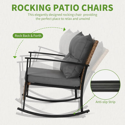 Outdoor Rocking Chair Set with Cushions and 2-Tier Coffee Table, Rattan Wicker 3 Pieces