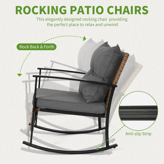 Outdoor Rocking Chair Set with Cushions and 2-Tier Coffee Table, Rattan Wicker 3 Pieces