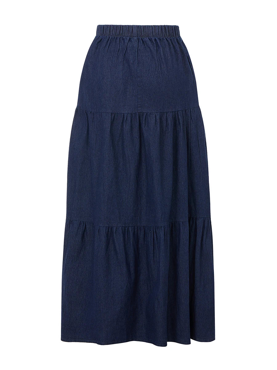 Ladies Denim Skirts with Elastic Waistband in Solid Color Long Length Summer Fashion Casual Jeans Skirt for Streetwear Style