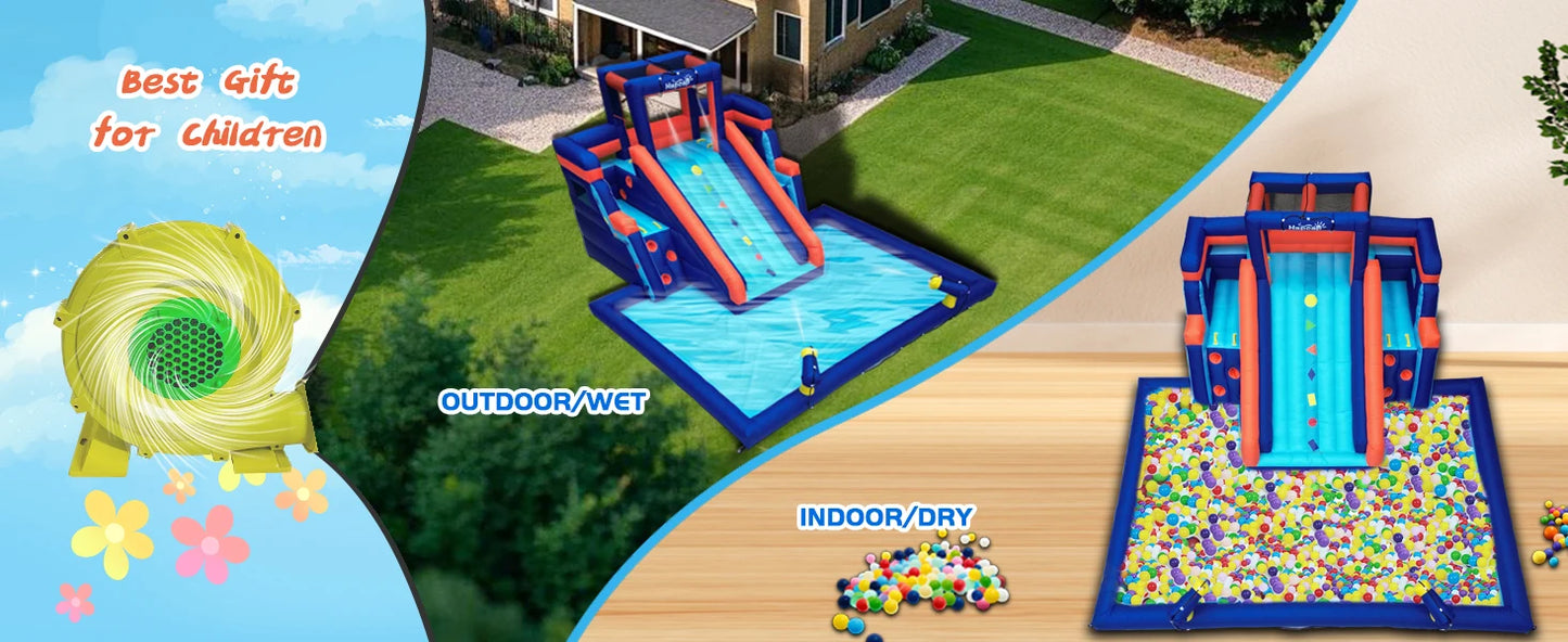 Inflatable Water Slide Pool Bounce House for Kids,Large Slide and Splash Pool, Backyard Summer Outdoors